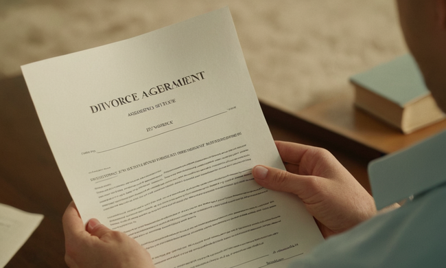 Una persona que tiene un documento con antecedentes tranquilos, representando los recursos del acuerdo de divorcio.