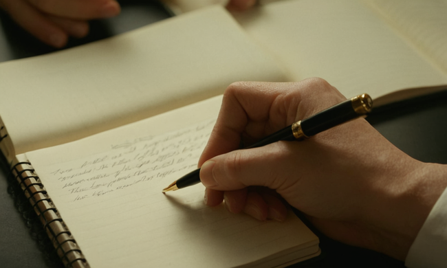 Persona escribiendo en un cuaderno formal con pluma y papeles esparcidos alrededor.