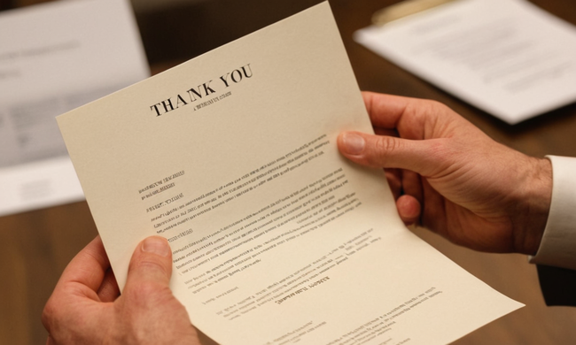 Un profesional da una carta formal de agradecimiento con un fondo borroso de documentos de negocios.