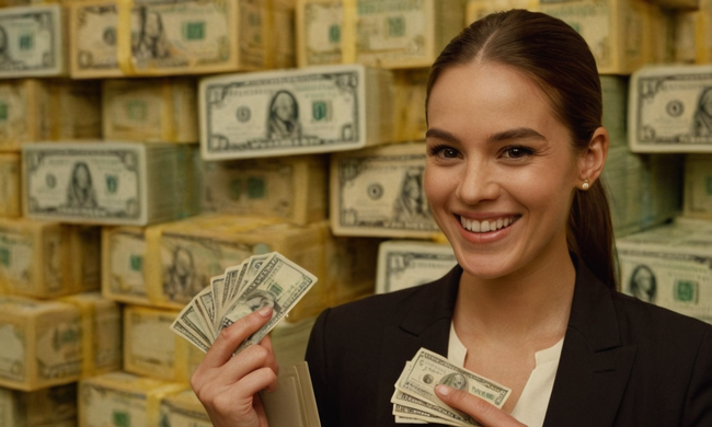 Una persona que tiene una tarjeta de crédito y sonríe mientras está de pie delante de una pila de dinero.