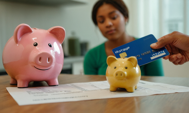 Una persona que tiene un banco de cerdito junto a un formulario de solicitud de hipoteca con una tarjeta de crédito en el fondo.