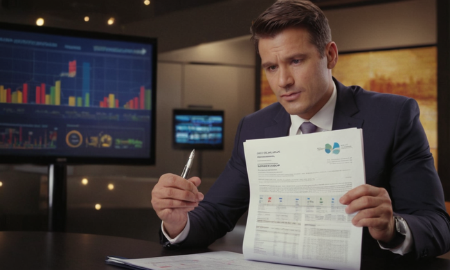 Un hombre de negocios que tiene un contrato de franquicia, con gráficos y gráficos en el fondo.