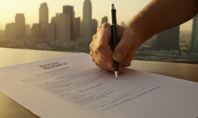 Una persona que firma un acuerdo de alquiler con un paisaje urbano, destacando los recursos y directrices esenciales.