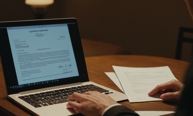 Una persona que revisa un documento de contrato en su portátil con notas y notas.