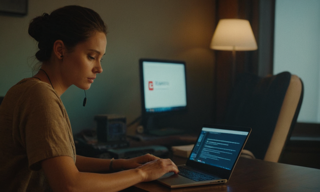 Una persona sentada frente a un ordenador con un contrato de streaming abierto en la pantalla.