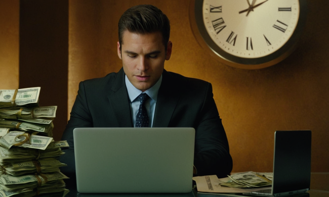 Un hombre de negocios estudiando un contrato en su portátil con un fondo de reloj y símbolos de dinero.