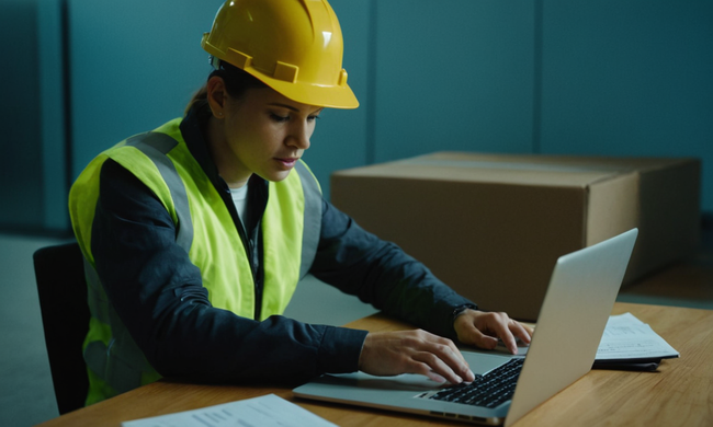 Un trabajador revisando documentos de contrato de trabajo temporal en su portátil.