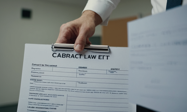 Person holding a contract in front of a whiteboard with labor law concepts.