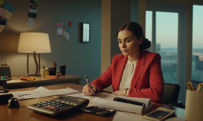 Una persona sentada en un escritorio con varios documentos financieros y una calculadora, rodeada de iconos que representan activos y propiedades.