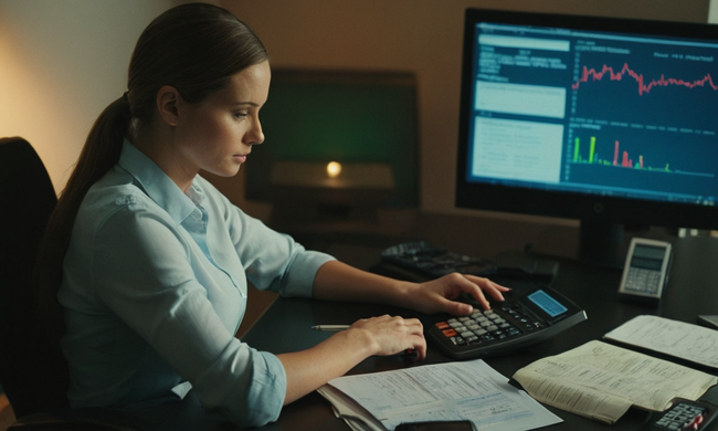Persona sentada frente a una computadora, con documentos financieros y calculadora cercana.